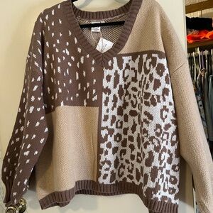 Brown Patchwork V-Neck Sweater